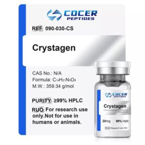 Crystagen research peptide vial in protective laboratory packaging with desiccant